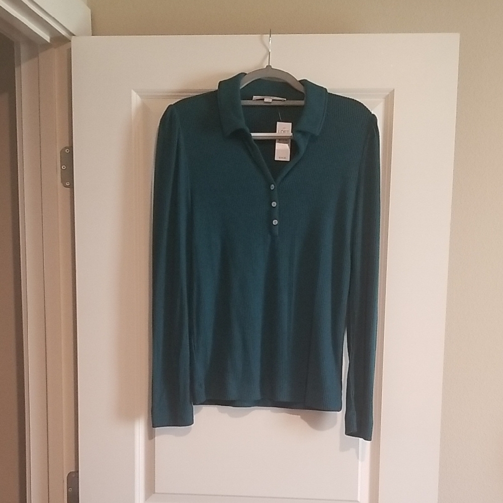 LOFT Teal Long Sleeve Polo Top